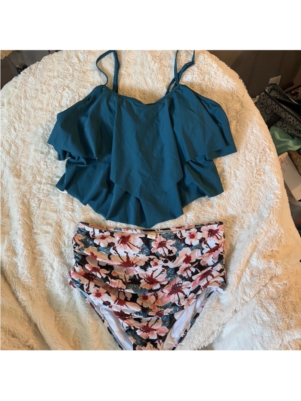NWOT!Women’s X large tankiniTeal Ruffle Bikini Top with Floral High-Waist Bottom